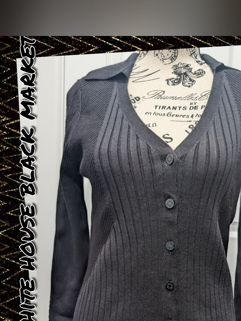 NWT" White House Black Market Classic Black Ribbed Button-Up Women’s Cardigan